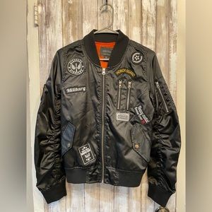 Red Fox Black Graphic Bomber Jacket with Patches
